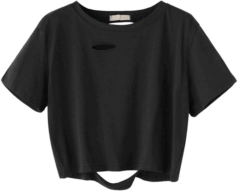SweatyRocks Women's Summer Short Sleeve Tee Distressed Ripped Crop T-shirt Tops Black S - Image 1